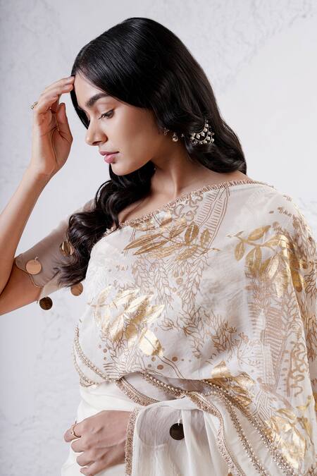 Shwetanga_Ivory Organza Sequins, Foil Printing, Beads Patchwork Saree With Blouse _Online_at_Aza_Fashions