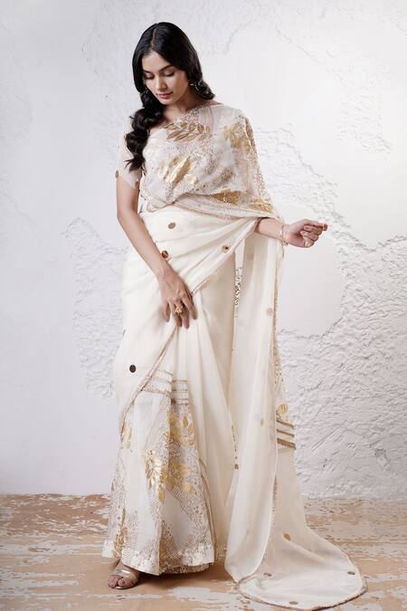 Buy_Shwetanga_Ivory Organza Sequins, Foil Printing, Beads Patchwork Saree With Blouse _Online_at_Aza_Fashions