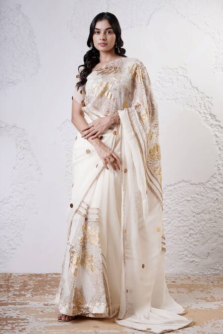 Shop_Shwetanga_Ivory Organza Sequins, Foil Printing, Beads Patchwork Saree With Blouse _Online_at_Aza_Fashions