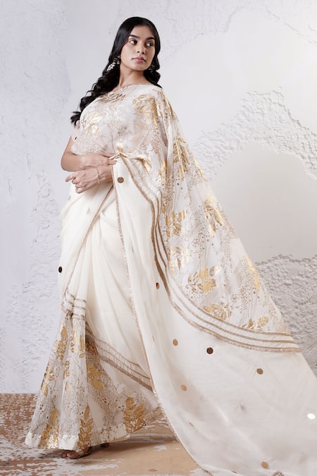 Shwetanga_Ivory Organza Sequins, Foil Printing, Beads Patchwork Saree With Blouse _at_Aza_Fashions
