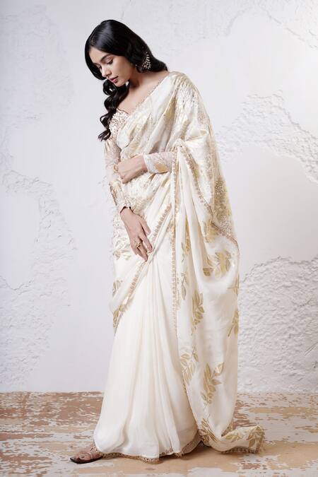 Buy_Shwetanga_Ivory Organza Sequins, Beads Sweetheart Foil Print And Saree With Blouse _Online_at_Aza_Fashions