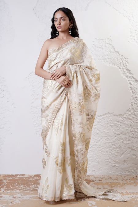 Shwetanga Foil Print Gota Border Saree With Blouse 