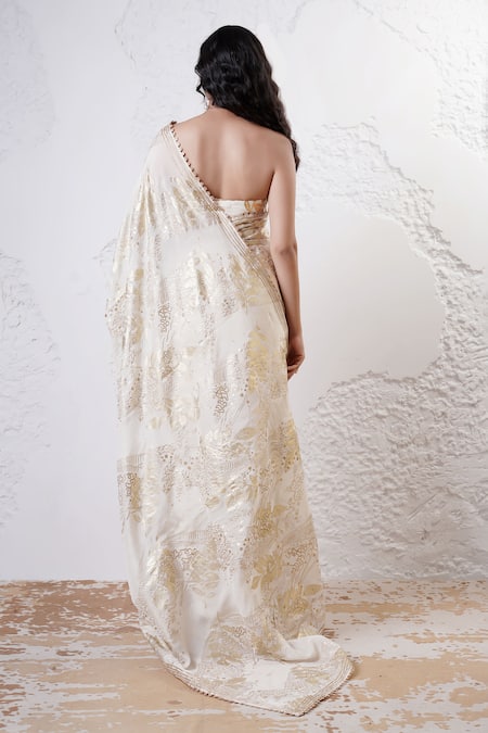 Shwetanga Foil Print Gota Border Saree With Blouse 