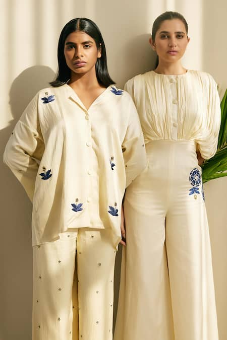 Buy Studio Surbhi Cream Cotton, Silk Embroidery Collared Floral Shirt With Straight Pant Online at Aza Fashions Buy_Studio Surbhi_Cream Cotton, Silk Embroidery Collared Floral Shirt With Straight Pant _Online_at_Aza_Fashions
