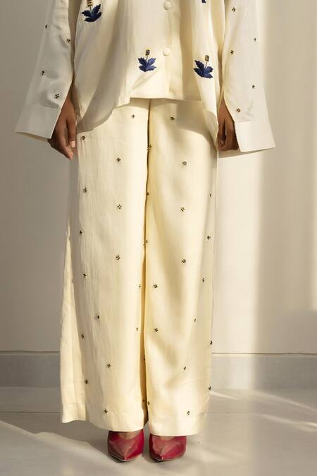 Shop Studio Surbhi Cream Cotton, Silk Embroidery Collared Floral Shirt With Straight Pant Online at Aza Fashions Shop_Studio Surbhi_Cream Cotton, Silk Embroidery Collared Floral Shirt With Straight Pant _Online_at_Aza_Fashions
