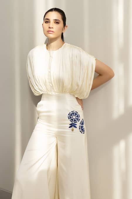 Studio Surbhi_Cream Cotton Satin, Georgette Embroidery Round Floral Kaftan Style Jumpsuit _Online_at_Aza_Fashions