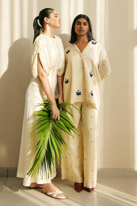 Buy_Studio Surbhi_Cream Cotton Satin, Georgette Embroidery Round Floral Kaftan Style Jumpsuit _Online_at_Aza_Fashions