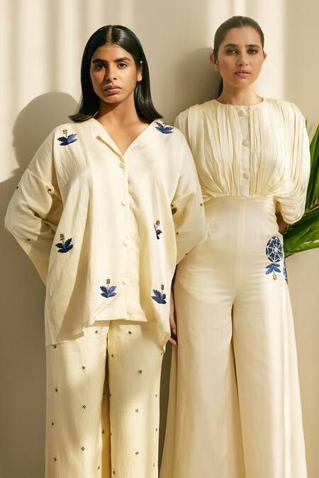 Shop_Studio Surbhi_Cream Cotton Satin, Georgette Embroidery Round Floral Kaftan Style Jumpsuit _Online_at_Aza_Fashions
