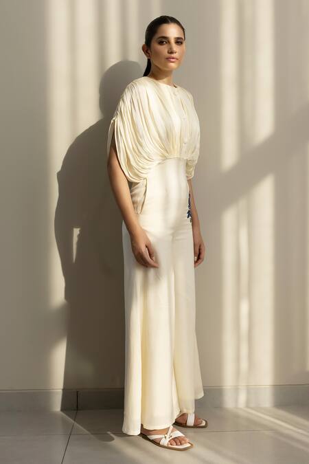 Studio Surbhi_Cream Cotton Satin, Georgette Embroidery Round Floral Kaftan Style Jumpsuit _at_Aza_Fashions