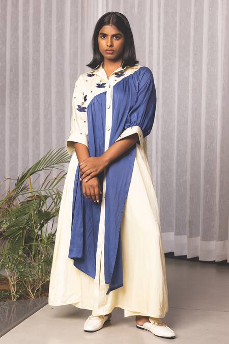 Buy Studio Surbhi Cream Cotton, Silk Embroidery Collared Floral Panelled Kurta With Straight Pant Online at Aza Fashions Buy_Studio Surbhi_Cream Cotton, Silk Embroidery Collared Floral Panelled Kurta With Straight Pant _Online_at_Aza_Fashions