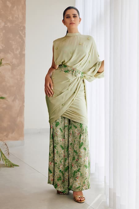 Studio Surbhi Floral Print Flared Pant Saree Set 