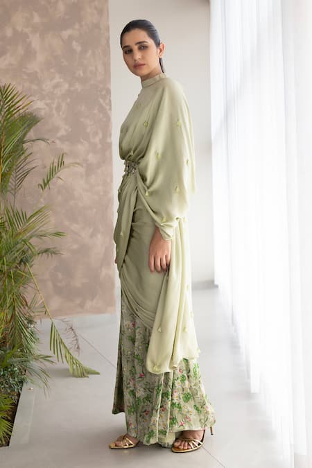 Buy Studio Surbhi Green Georgette, Satin Tassels, Embroidery, Floral Print Flared Pant Saree Set Online at Aza Fashions Buy_Studio Surbhi_Green Georgette, Satin Tassels, Embroidery, Floral Print Flared Pant Saree Set _Online_at_Aza_Fashions