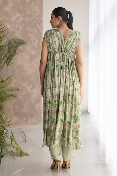 Shop Studio Surbhi Green Georgette, Satin Embroidery V-neck Floral Print Draped Kurta And Pant Set at Aza Fashions Shop_Studio Surbhi_Green Georgette, Satin Embroidery V-neck Floral Print Draped Kurta And Pant Set _at_Aza_Fashions