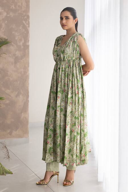 Studio Surbhi Green Georgette, Satin Embroidery V-neck Floral Print Draped Kurta And Pant Set Online at Aza Fashions Studio Surbhi_Green Georgette, Satin Embroidery V-neck Floral Print Draped Kurta And Pant Set _Online_at_Aza_Fashions