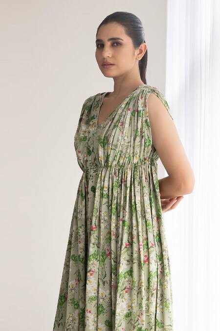 Buy Studio Surbhi Green Georgette, Satin Embroidery V-neck Floral Print Draped Kurta And Pant Set Online at Aza Fashions Buy_Studio Surbhi_Green Georgette, Satin Embroidery V-neck Floral Print Draped Kurta And Pant Set _Online_at_Aza_Fashions