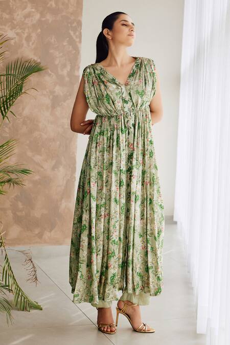 Shop Studio Surbhi Green Georgette, Satin Embroidery V-neck Floral Print Draped Kurta And Pant Set Online at Aza Fashions Shop_Studio Surbhi_Green Georgette, Satin Embroidery V-neck Floral Print Draped Kurta And Pant Set _Online_at_Aza_Fashions