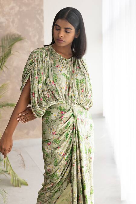 Studio Surbhi_Green Georgette, Satin Round Neck Floral Print Draped Kaftan Style Gown _Online_at_Aza_Fashions