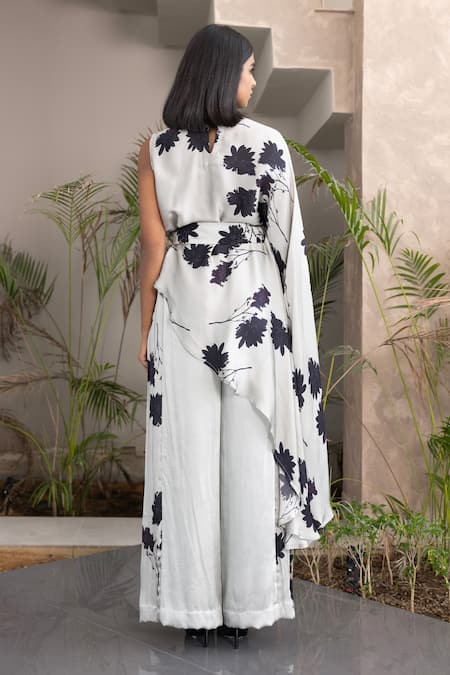 Shop Studio Surbhi Grey Georgette, Satin Embroidery Bandeau Floral Print Asymmetric Top And Pant Set at Aza Fashions Shop_Studio Surbhi_Grey Georgette, Satin Embroidery Bandeau Floral Print Asymmetric Top And Pant Set _at_Aza_Fashions
