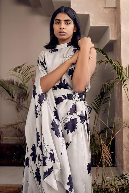 Studio Surbhi Grey Georgette, Satin Embroidery Bandeau Floral Print Asymmetric Top And Pant Set Online at Aza Fashions Studio Surbhi_Grey Georgette, Satin Embroidery Bandeau Floral Print Asymmetric Top And Pant Set _Online_at_Aza_Fashions