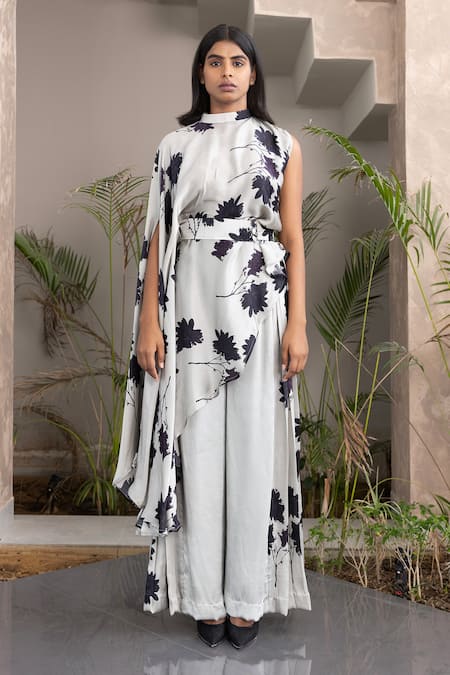 Shop Studio Surbhi Grey Georgette, Satin Embroidery Bandeau Floral Print Asymmetric Top And Pant Set Online at Aza Fashions Shop_Studio Surbhi_Grey Georgette, Satin Embroidery Bandeau Floral Print Asymmetric Top And Pant Set _Online_at_Aza_Fashions