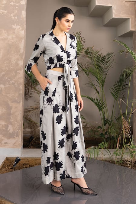 Shop Studio Surbhi Grey Cotton, Silk Collared Floral Print Tie Up Shirt With Pant at Aza Fashions Shop_Studio Surbhi_Grey Cotton, Silk Collared Floral Print Tie Up Shirt With Pant _at_Aza_Fashions