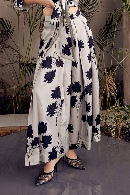 Studio Surbhi Grey Cotton, Silk Collared Floral Print Tie Up Shirt With Pant Online at Aza Fashions Studio Surbhi_Grey Cotton, Silk Collared Floral Print Tie Up Shirt With Pant _Online_at_Aza_Fashions