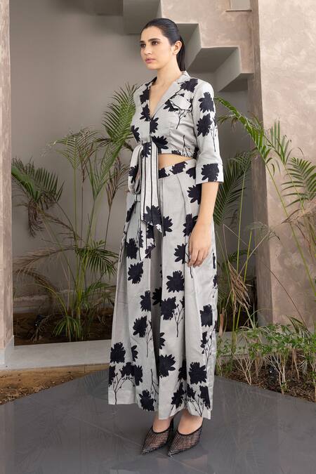 Buy Studio Surbhi Grey Cotton, Silk Collared Floral Print Tie Up Shirt With Pant Online at Aza Fashions Buy_Studio Surbhi_Grey Cotton, Silk Collared Floral Print Tie Up Shirt With Pant _Online_at_Aza_Fashions
