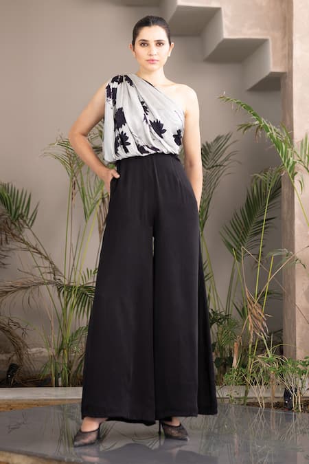 Studio Surbhi Grey Georgette Satin Print Floral One Shoulder Draped Jumpsuit 