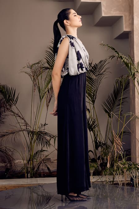Shop_Studio Surbhi_Grey Georgette, Satin One Shoulder Floral Print Draped Jumpsuit _Online_at_Aza_Fashions