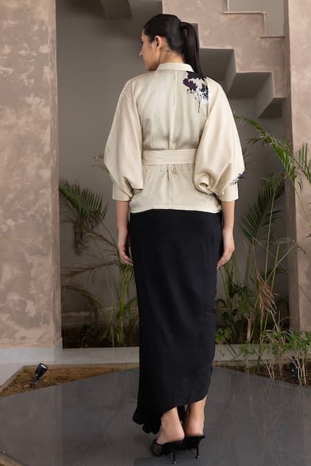 Studio Surbhi Floral Embroidered Draped Gown & Kimono Shirt Set 