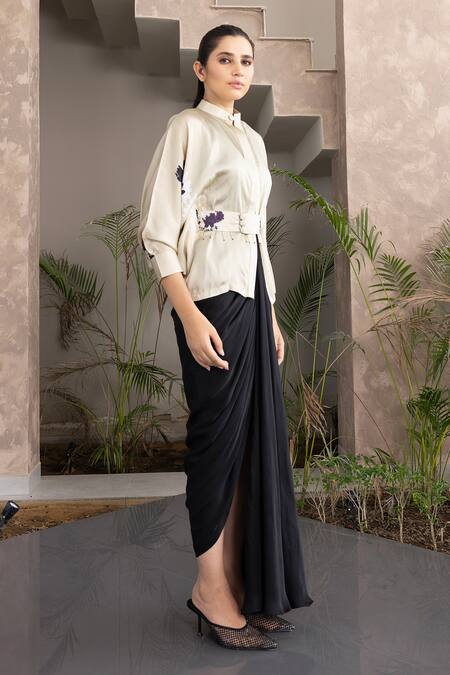Shop Studio Surbhi Beige Georgette, Satin Embroidery Floral Draped Gown And Kimono Shirt Set Online at Aza Fashions Shop_Studio Surbhi_Beige Georgette, Satin Embroidery Floral Draped Gown And Kimono Shirt Set _Online_at_Aza_Fashions
