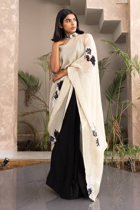 Studio Surbhi_Beige Organza, Georgette Beads Floral Print Pre-draped Saree Set_Online_at_Aza_Fashions