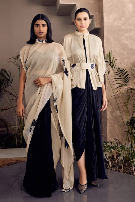 Buy_Studio Surbhi_Beige Organza, Georgette Beads Floral Print Pre-draped Saree Set_Online_at_Aza_Fashions
