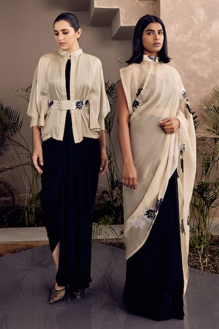 Shop_Studio Surbhi_Beige Organza, Georgette Beads Floral Print Pre-draped Saree Set_Online_at_Aza_Fashions