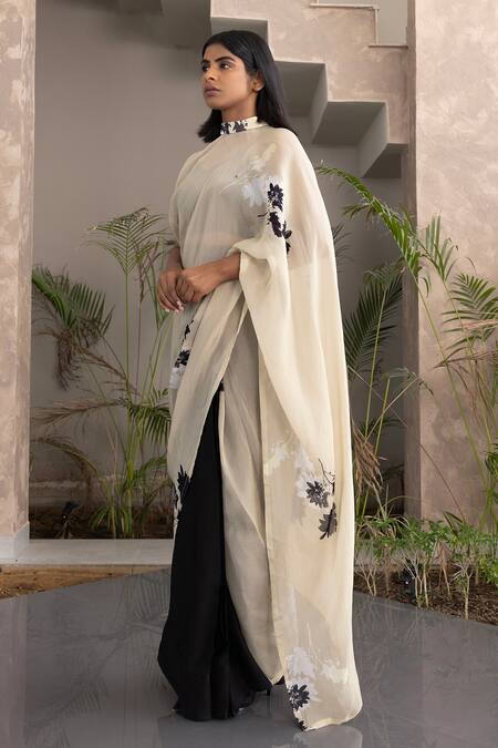 Studio Surbhi_Beige Organza, Georgette Beads Floral Print Pre-draped Saree Set_at_Aza_Fashions