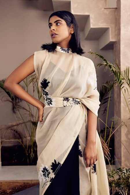 Buy_Studio Surbhi_Beige Organza, Georgette Beads Floral Print Pre-draped Saree Set