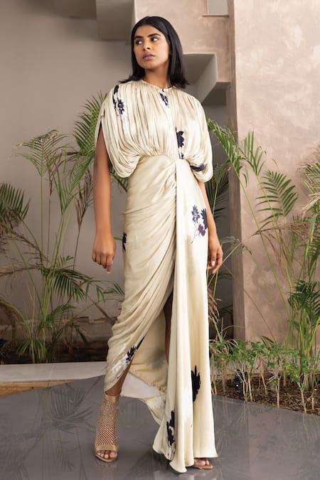 Studio Surbhi Beige Georgette, Satin Asymmetric Floral Print Kaftan Style Gown Online at Aza Fashions Studio Surbhi_Beige Georgette, Satin Asymmetric Floral Print Kaftan Style Gown _Online_at_Aza_Fashions
