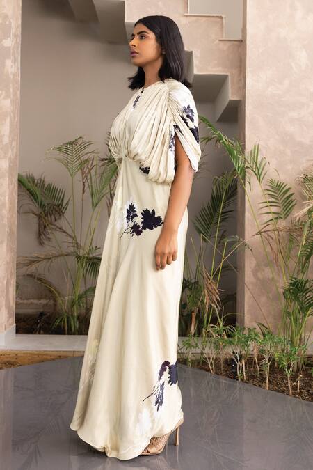 Buy Studio Surbhi Beige Georgette, Satin Asymmetric Floral Print Kaftan Style Gown Online at Aza Fashions Buy_Studio Surbhi_Beige Georgette, Satin Asymmetric Floral Print Kaftan Style Gown _Online_at_Aza_Fashions
