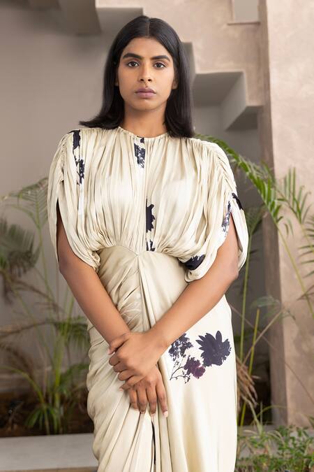 Shop Studio Surbhi Beige Georgette, Satin Asymmetric Floral Print Kaftan Style Gown Online at Aza Fashions Shop_Studio Surbhi_Beige Georgette, Satin Asymmetric Floral Print Kaftan Style Gown _Online_at_Aza_Fashions