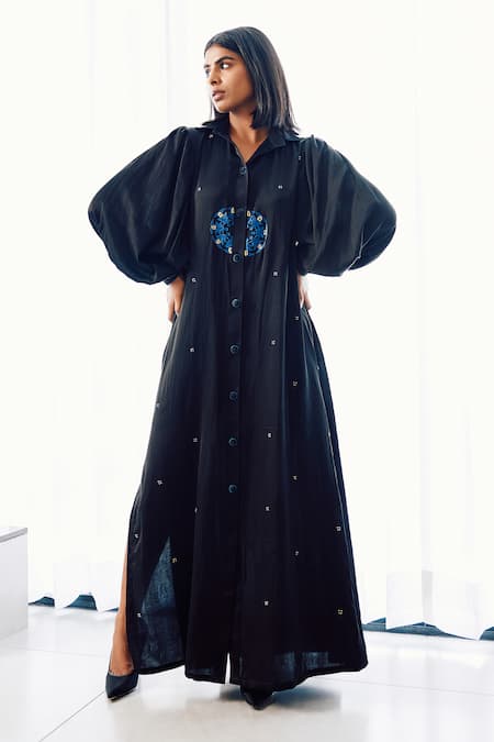 Studio Surbhi Black Cotton Silk Embroidery Floral Collar Shirt Dress 