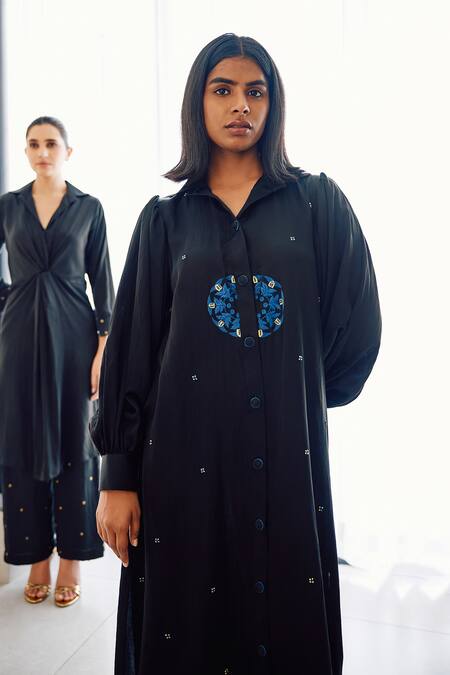 Studio Surbhi Black Cotton, Silk Embroidery Collared Floral Shirt Dress Online at Aza Fashions Studio Surbhi_Black Cotton, Silk Embroidery Collared Floral Shirt Dress _Online_at_Aza_Fashions