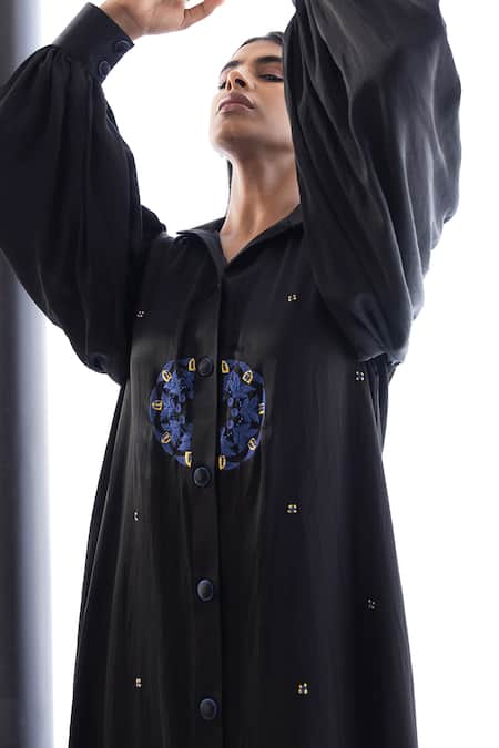 Shop Studio Surbhi Black Cotton, Silk Embroidery Collared Floral Shirt Dress Online at Aza Fashions Shop_Studio Surbhi_Black Cotton, Silk Embroidery Collared Floral Shirt Dress _Online_at_Aza_Fashions