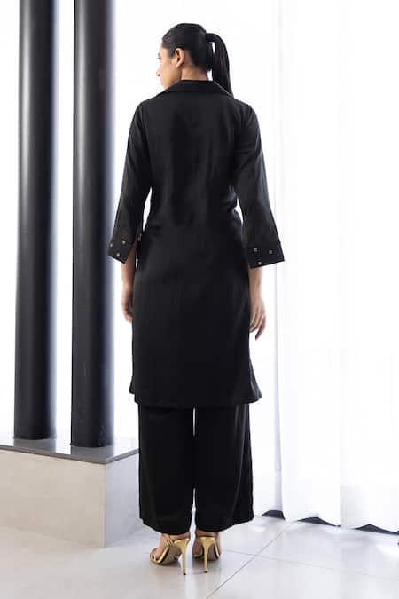 Shop Studio Surbhi Black Cotton, Silk Embroidery Collared Floral Twisted Front Kurta With Pant at Aza Fashions Shop_Studio Surbhi_Black Cotton, Silk Embroidery Collared Floral Twisted Front Kurta With Pant _at_Aza_Fashions