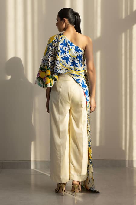 Shop Studio Surbhi Multi Color Cotton, Silk One Shoulder Floral Print Asymmetric Top With Pant at Aza Fashions Shop_Studio Surbhi_Multi Color Cotton, Silk One Shoulder Floral Print Asymmetric Top With Pant _at_Aza_Fashions