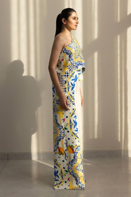 Buy Studio Surbhi Multi Color Cotton, Silk One Shoulder Floral Print Asymmetric Top With Pant Online at Aza Fashions Buy_Studio Surbhi_Multi Color Cotton, Silk One Shoulder Floral Print Asymmetric Top With Pant _Online_at_Aza_Fashions