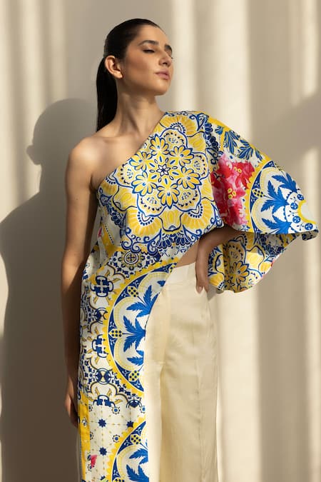 Shop Studio Surbhi Multi Color Cotton, Silk One Shoulder Floral Print Asymmetric Top With Pant Online at Aza Fashions Shop_Studio Surbhi_Multi Color Cotton, Silk One Shoulder Floral Print Asymmetric Top With Pant _Online_at_Aza_Fashions