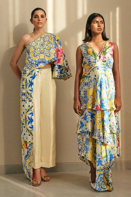 Studio Surbhi Multi Color Cotton, Silk One Shoulder Floral Print Asymmetric Top With Pant at Aza Fashions Studio Surbhi_Multi Color Cotton, Silk One Shoulder Floral Print Asymmetric Top With Pant _at_Aza_Fashions