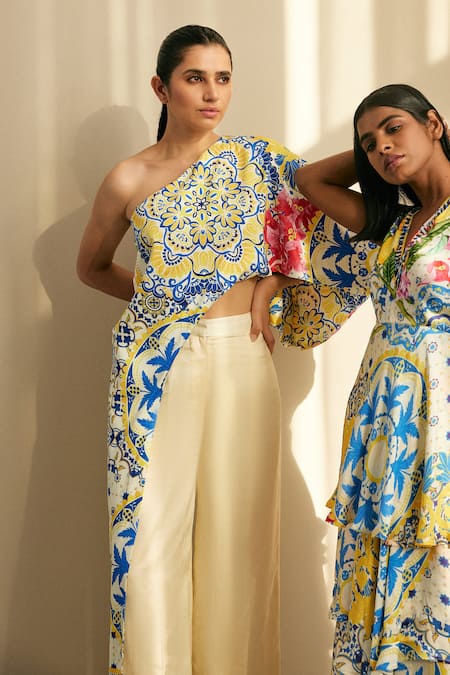 Buy Studio Surbhi Multi Color Cotton, Silk One Shoulder Floral Print Asymmetric Top With Pant Buy_Studio Surbhi_Multi Color Cotton, Silk One Shoulder Floral Print Asymmetric Top With Pant