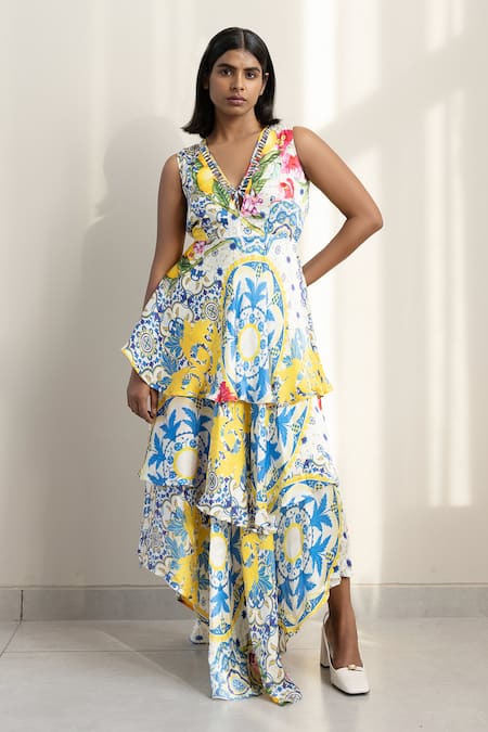 Studio Surbhi Floral Print Asymmetric Tiered Dress 