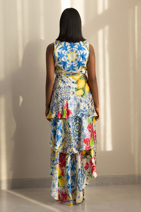 Shop Studio Surbhi Multi Color Georgette, Satin Embroidery Floral Print Asymmetric Tiered Dress at Aza Fashions Shop_Studio Surbhi_Multi Color Georgette, Satin Embroidery Floral Print Asymmetric Tiered Dress _at_Aza_Fashions